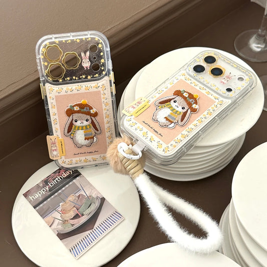 Cute Embroidery Scarf Rabbit Yellow Flower Artificial Leather Plush Ball Lanyard Phone Cover Case for iPhone 17 16 15 14 Pro Max