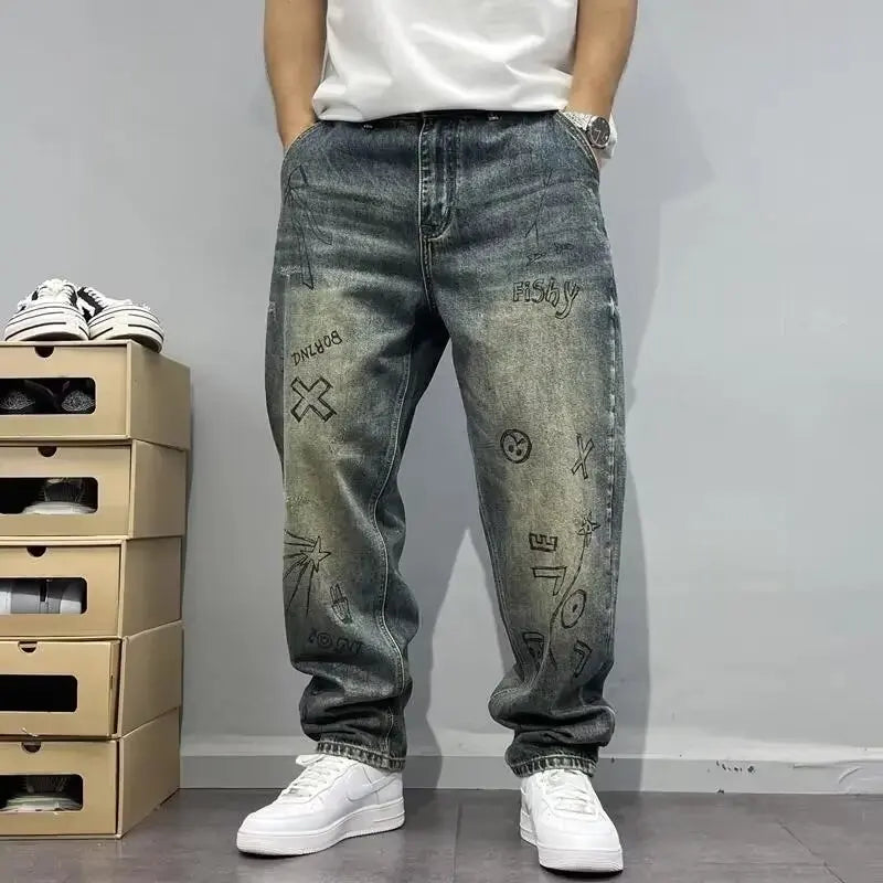 Korean Retro Ripped Jeans Embroidered Slim Fit Men'S Straight Leg Pants Graffiti Jeans Fashion Casual Pants