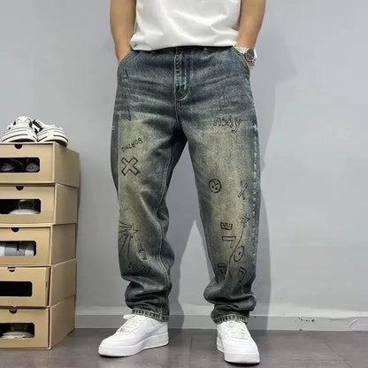 Korean Retro Ripped Jeans Embroidered Slim Fit Men'S Straight Leg Pants Graffiti Jeans Fashion Casual Pants