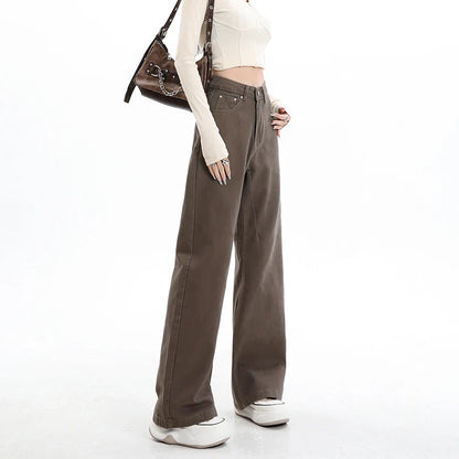 Baggy High Street Fashion Straight brown Jeans for Women's Y2k High Waist Female Clothing Solid Color Casual Wide Denim Trousers