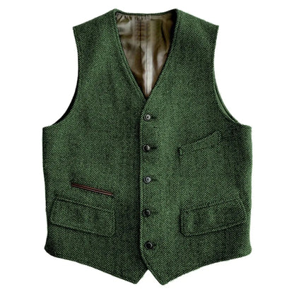Men Vest Green Herringbone Single Button V Neck Waistcoat For Wedding Banquet Business Office Work Daily Casual Men Suit Vest