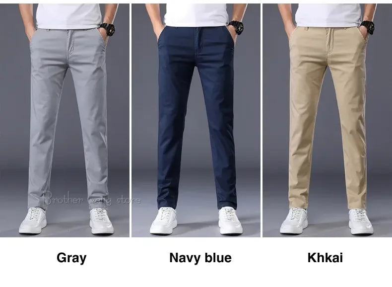 Summer Thin Men's Casual Pants Cotton 7 Colors Classic Style Elastic Straight Slim Fit Business Fashion Long Trousers Male