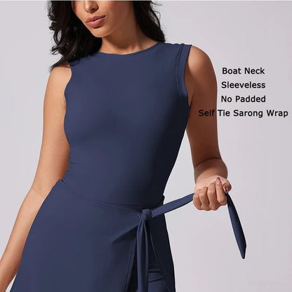 Boat Neck Tennis Dress Golf Dress for Women with Buit-in Short Sleeveless Backless Sarong Wrap Active Dress Workout Romper Dress