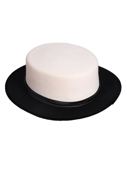Women's Black/White Flat Top Wool Felt Fedora Hat with Flower Faux Pearl Detail Winter Dress Cap Stylish French Millinery