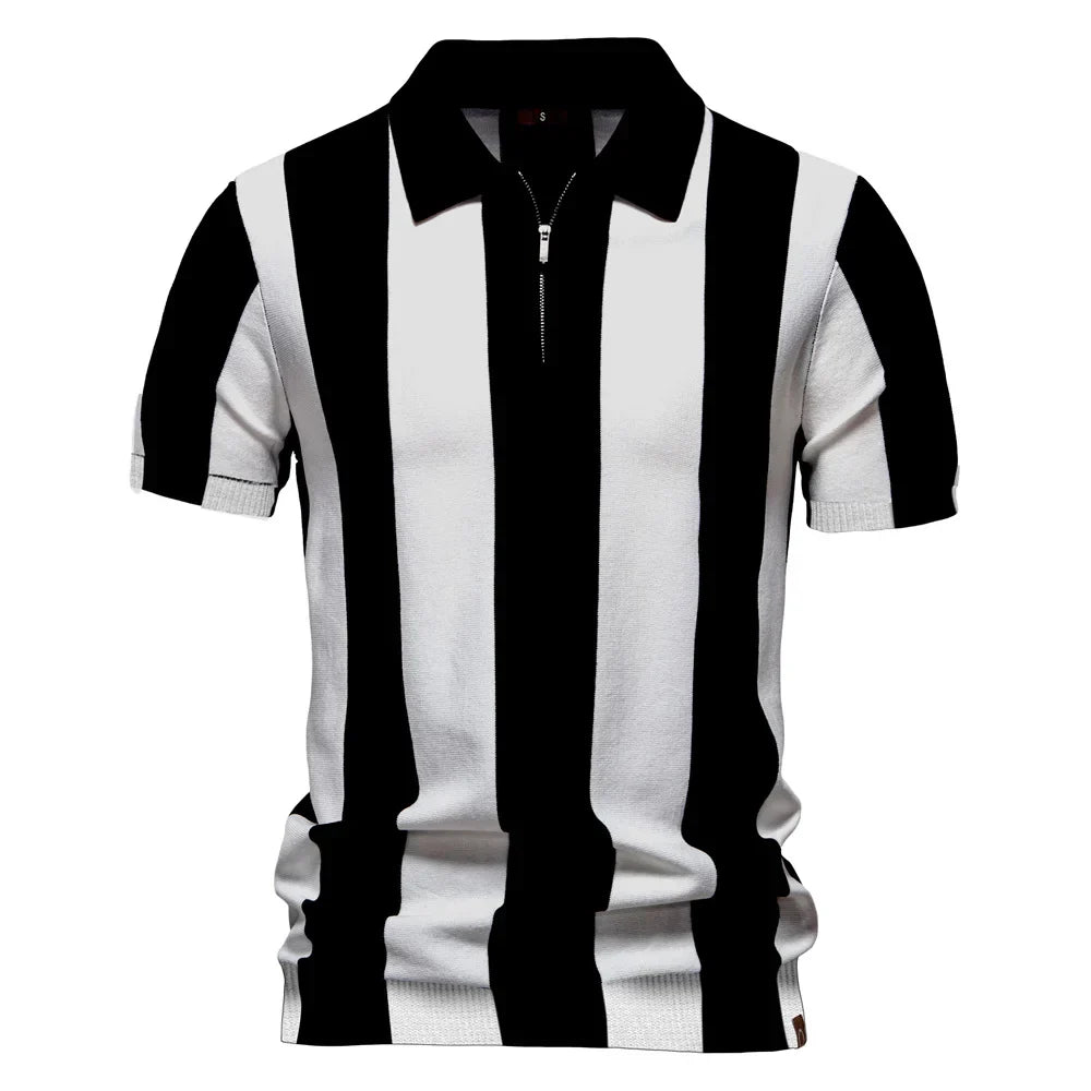 2025 New Summer Men's Breathable Striped Contrast Panel Polo Shirt - Casual Short Sleeve Knit Shirt with Comfort Fit