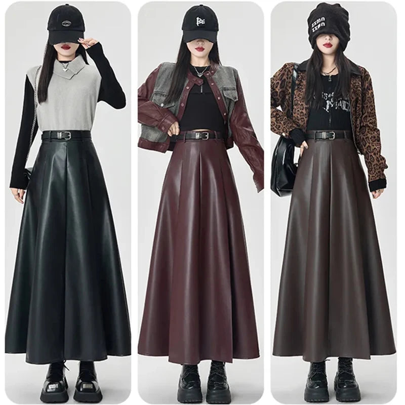 Vintage PU leather women midi skirts Y2K Autumn high waist Streetwear with belt pleated Skirt female elegant Solid A line skirts