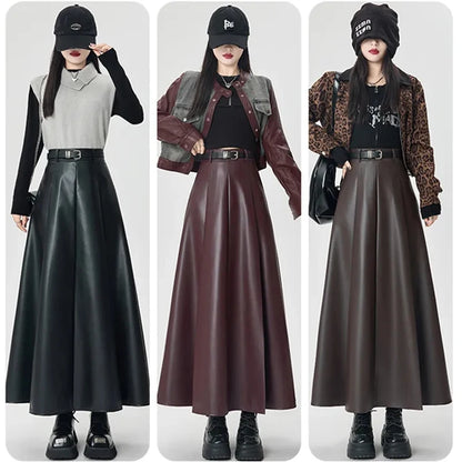Vintage PU leather women midi skirts Y2K Autumn high waist Streetwear with belt pleated Skirt female elegant Solid A line skirts