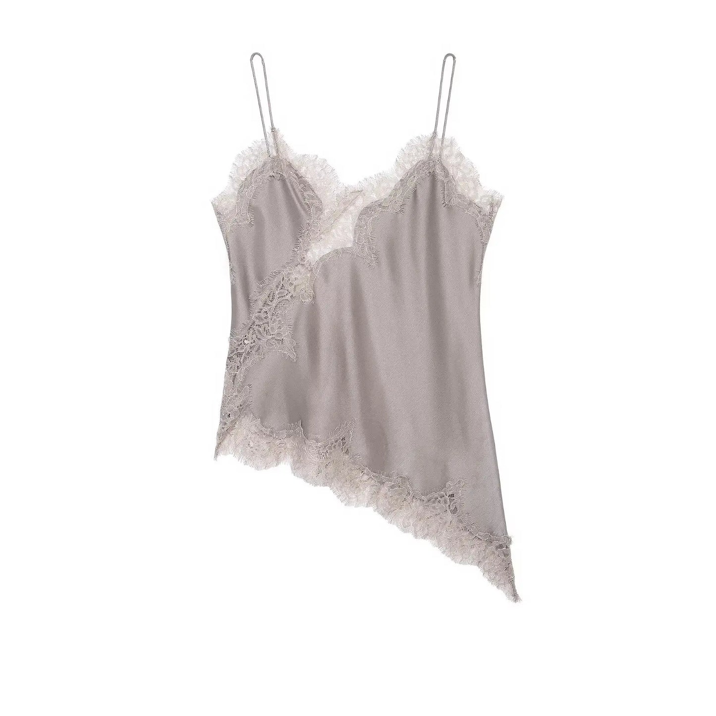 Women Fashion Lace Patchwork Straps Top Irregular Hem Spaghetti Straps V-Neck Hollow Sexy Tops 2026 Summer Night Date Wear