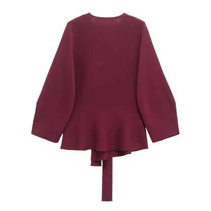 Spring Women Shoulder Pad Belt Knit Blazer Women Retro V-neck Long Sleeve Versatile Female Coat Women Clothes 9598/128