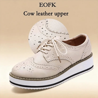 Women's Oxford Flats - Genuine Leather Wingtips Lace-Up Comfort Brogue Derby Patent Platform Casual Shoes for Spring Autumn