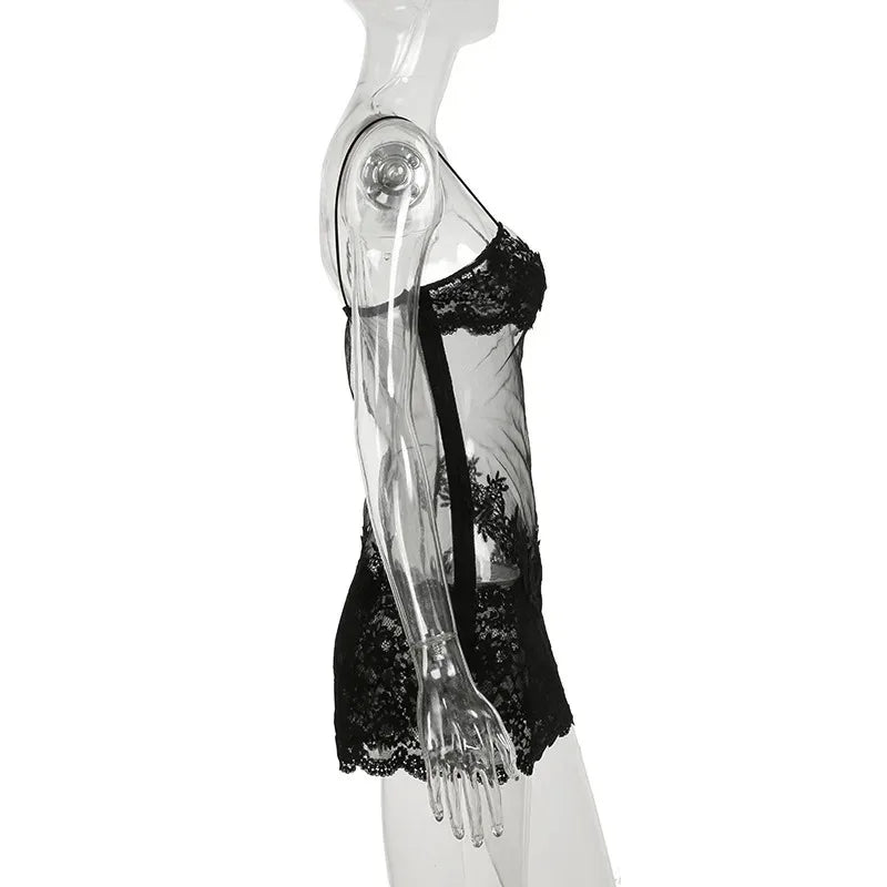 Lace Transparent Mini Dress Sexy Women Wrapping Spaghetti Embroidery Flower Sheath Nightwear Club Mesh Wave Fantacy