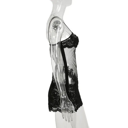Lace Transparent Mini Dress Sexy Women Wrapping Spaghetti Embroidery Flower Sheath Nightwear Club Mesh Wave Fantacy