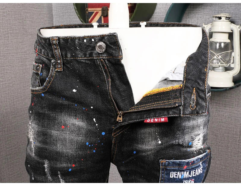 Fashion Streetwear Men Jeans Retro Black Blue Elastic Slim Fit Ripped Jeans Men Spliced Designer Embroidery Hip Hop Denim Pants