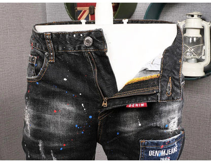 Fashion Streetwear Men Jeans Retro Black Blue Elastic Slim Fit Ripped Jeans Men Spliced Designer Embroidery Hip Hop Denim Pants