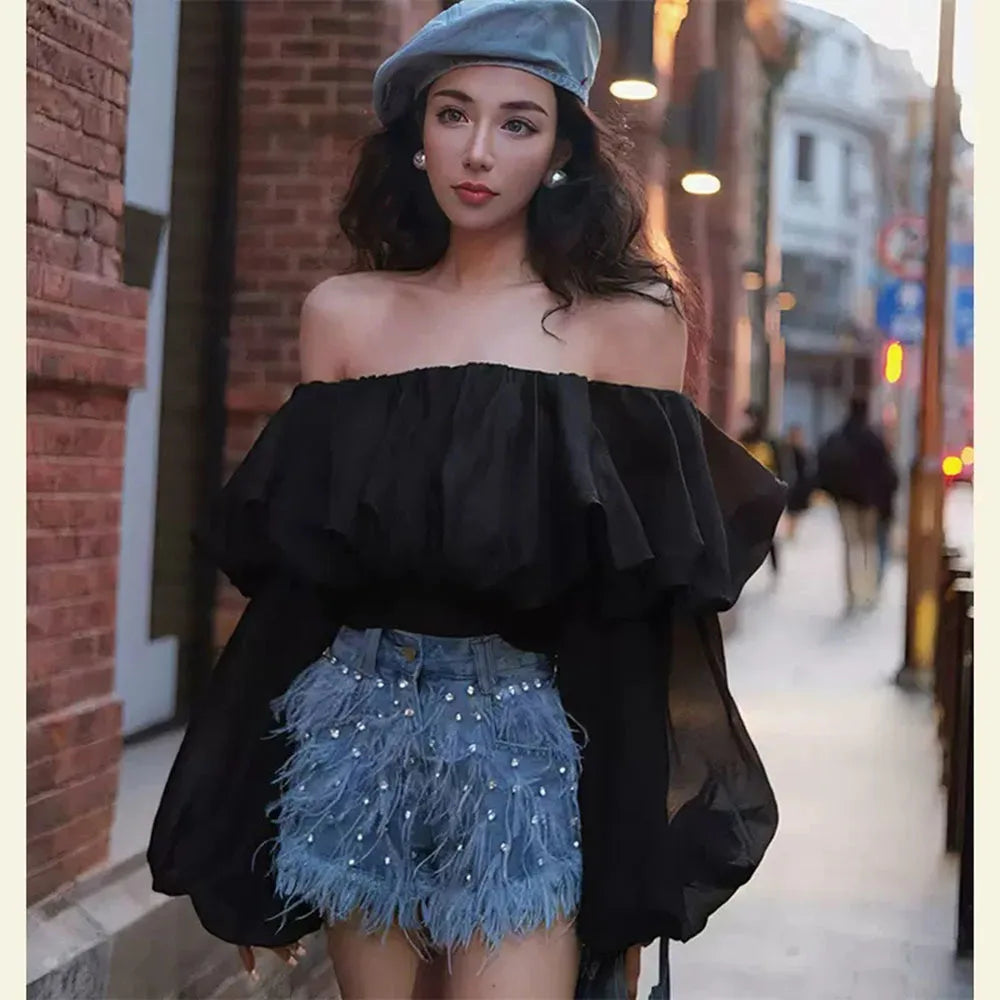 Summer Street Hot Girls Short Jeans Female Chic Feather Diamond Denim Shorts Women Retro Washed Hot Pants Sexy Night Club Shorts