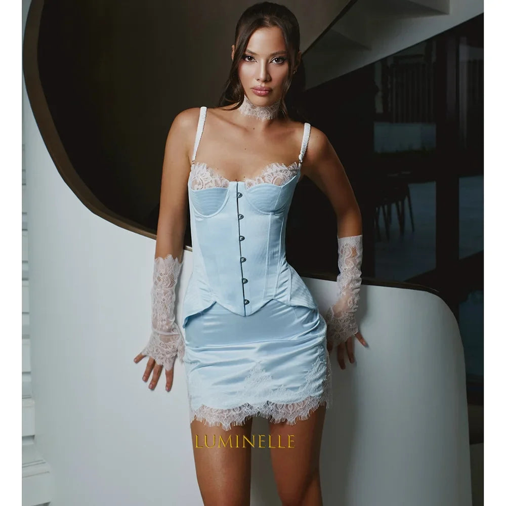 Short Women's Formal Evening Gowns Satin Mini Evening Dress for Women Spaghetti Strap Bodycon Lace Corset Gowns Customized