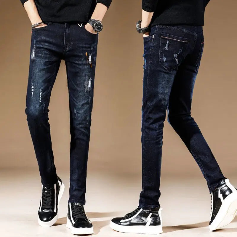 Stylish Black Luxury Men's Korean Streetwear Punk Fashion Comfortable Stretch Jeans Slim Fit Straight Leg Casual Denim Pants