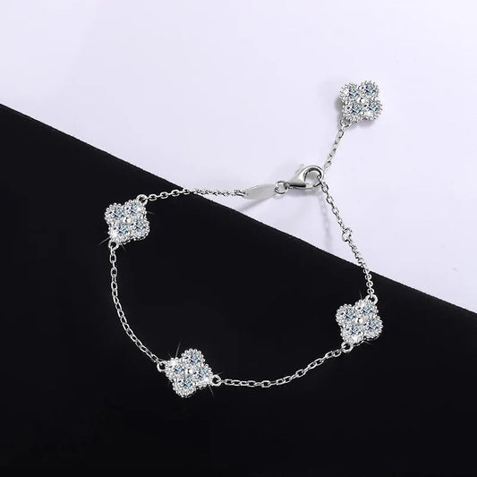 Bracelet Trèfle à Quatre Feuilles en Argent S925, Diamant, Moissanite D Complète, Chaîne Réglable, Cadeau d'Anniversaire pour Femme, Fiançailles, Mariage, Fête