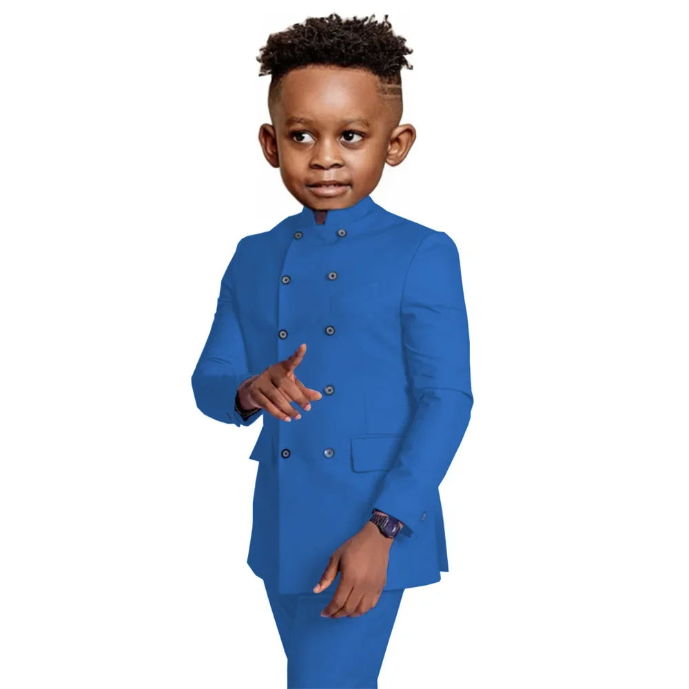 Stylish Elegant Boys Stand-up Collar Suits 2 Pieces Jacket Pants Formal Party Wear Double Breasted Kids Suit Set 2-20T