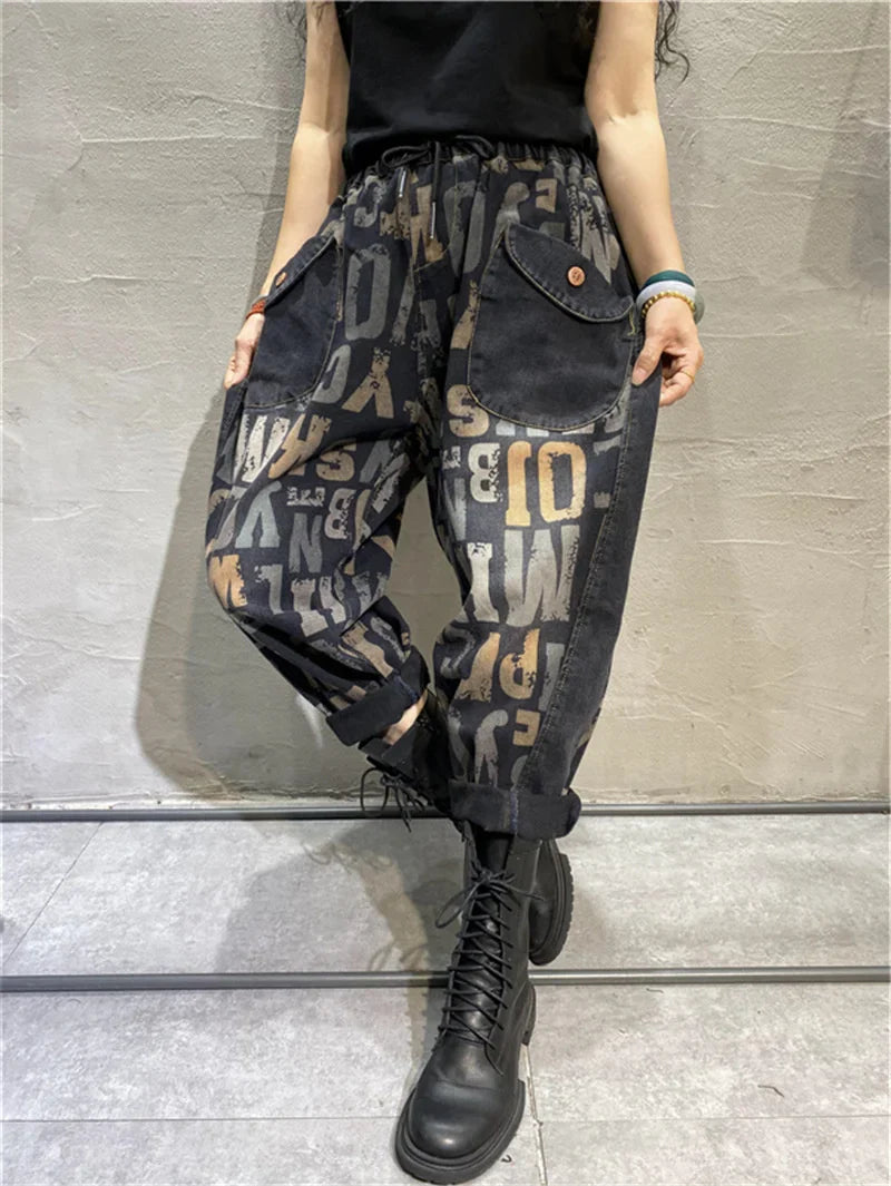 Korean Design Womens Printed Loose Jeans Fall Fashion Letter Elastic Denim Pants Ladies Leisure Punk Harem Trousers