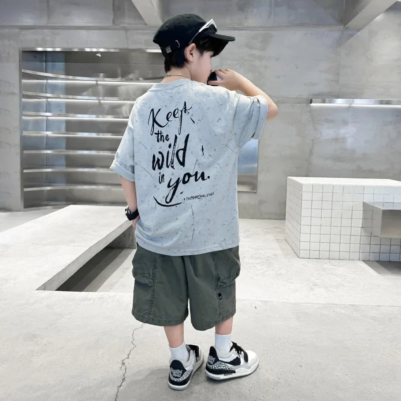 Summer Suit for Boy with Shorts Two Piece Clothing Set Kids Child Cotton Top and Bottom Clothes Set Casual Outfit Tracksuit 5-14