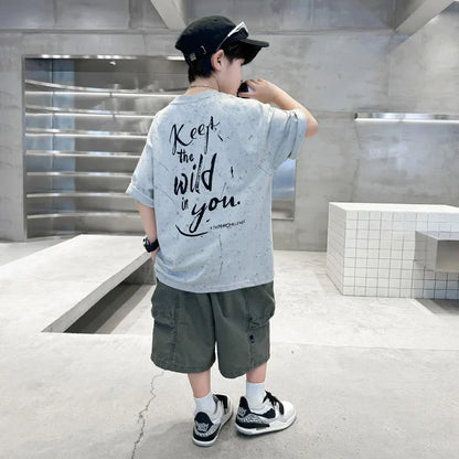 Summer Suit for Boy with Shorts Two Piece Clothing Set Kids Child Cotton Top and Bottom Clothes Set Casual Outfit Tracksuit 5-14