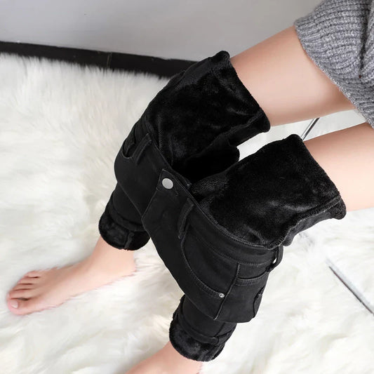 New Women Thick Velvet Jeans Fleece Warm Korean Fashion High Waist Skinny Elastic Pants Jean Casual Legging Winter 2023