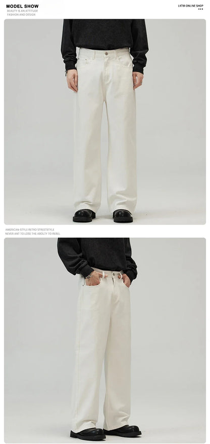 100％ Cotton Men's Baggy Straight Jeans Comfortable Soft Casual Pants Fashion Korean White Brown Denim Trousers Male Clothing