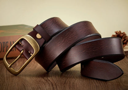 3.8 CM High Quality Pure Cowhide Thick Real Genuine Leather Men's Fashion Brass Buckle Belts Luxury Brand Jeans Belts for Men