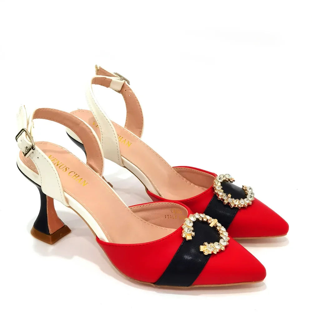 2022 Italian Design Leather Colorblock Pointed Toe High Heel Women's Sandals Fashion Everyday Matching Shoes and Bag Sets