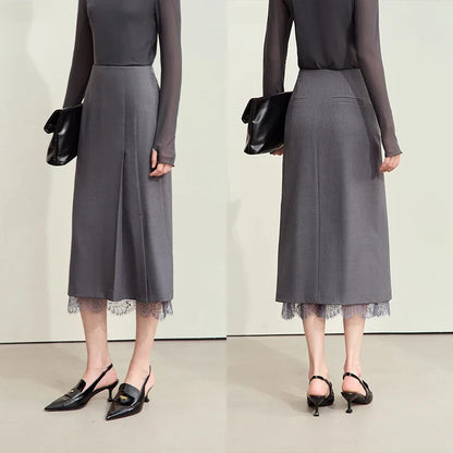 Minimalism Skirts for Woman 2025 Spring New Elegant Patchwork Lace Women's Clothing Retro Lady A-Line Pleated Skirt12443013