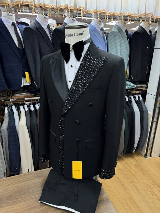 Charming Black Peak Lapel Men's Suit Customized Hot Sale Double Breasted Formal Perform Elegant Crystals Jacket Pants Groom Wear