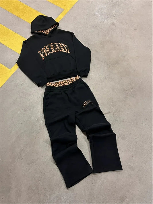 High street fashion leopard print letter embroidered men sportswear suit Y2K American casual retro hoodie trend loose clothing