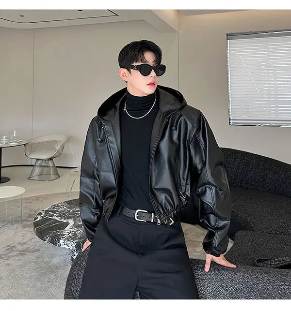 Spring Autumn Short Waterproof Black Pu Leather Jacket Men Hood Zipper High Waist Loose Casual Korean Fashion 2025