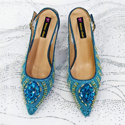 Popular Pointed Women Shoes Heels and Bags Rhinestone Chain Ladies Wedding Party Elegant and Luxurious Fashion