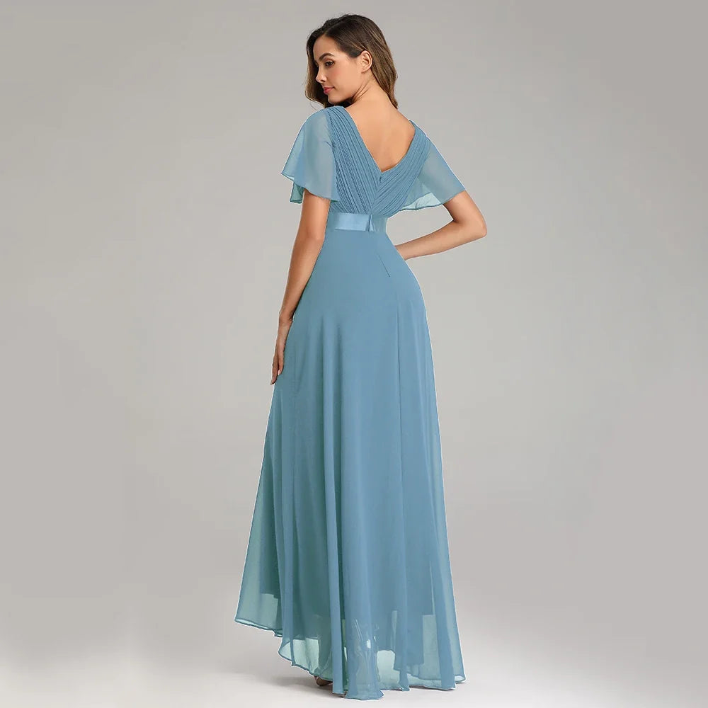 Evening Dresses Elegant V-Neck Ruffles Chiffon Formal Evening Gown  Robe Vestidos De Fiesta Dress for Wedding Party