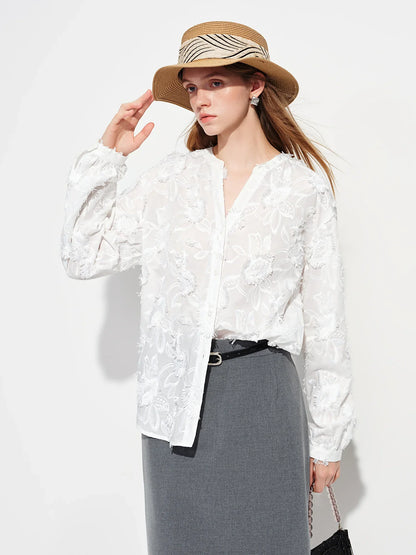 2026 New Spring Summer Women's 3D Jacquard Round V-Neck Blouse Long Sleeve Office Shirt for Quiet Minimalist Commute Top