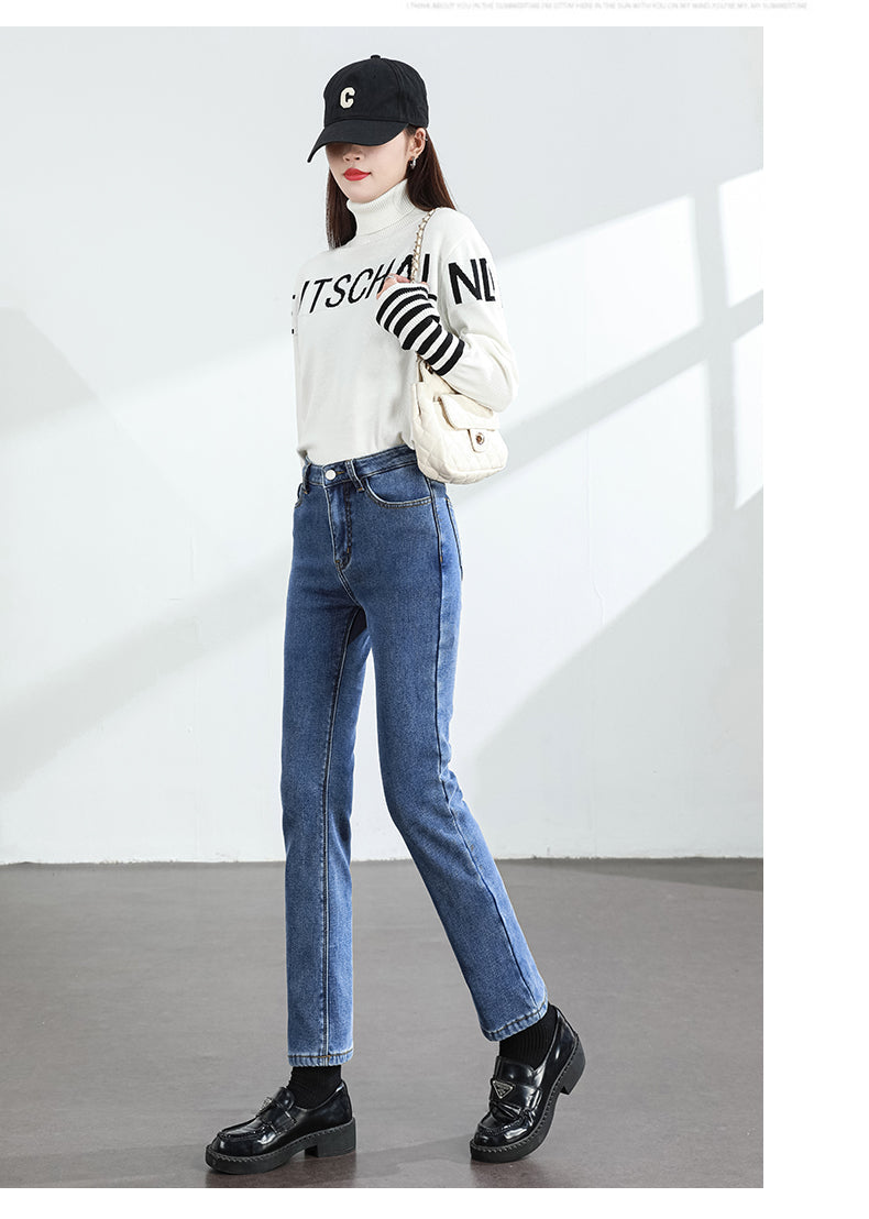 Women's Winter Fleece Warm Jeans Retro Slim Straight Elastic Cotton Thickened Warm Denim Pants Fashion Female Clothing