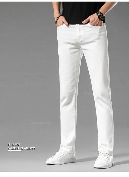 Luxury Men's White Slim Jeans Spring Summer New 98% Cotton Stretch Fashion Casual Male Clothes Straight Denim Trousers