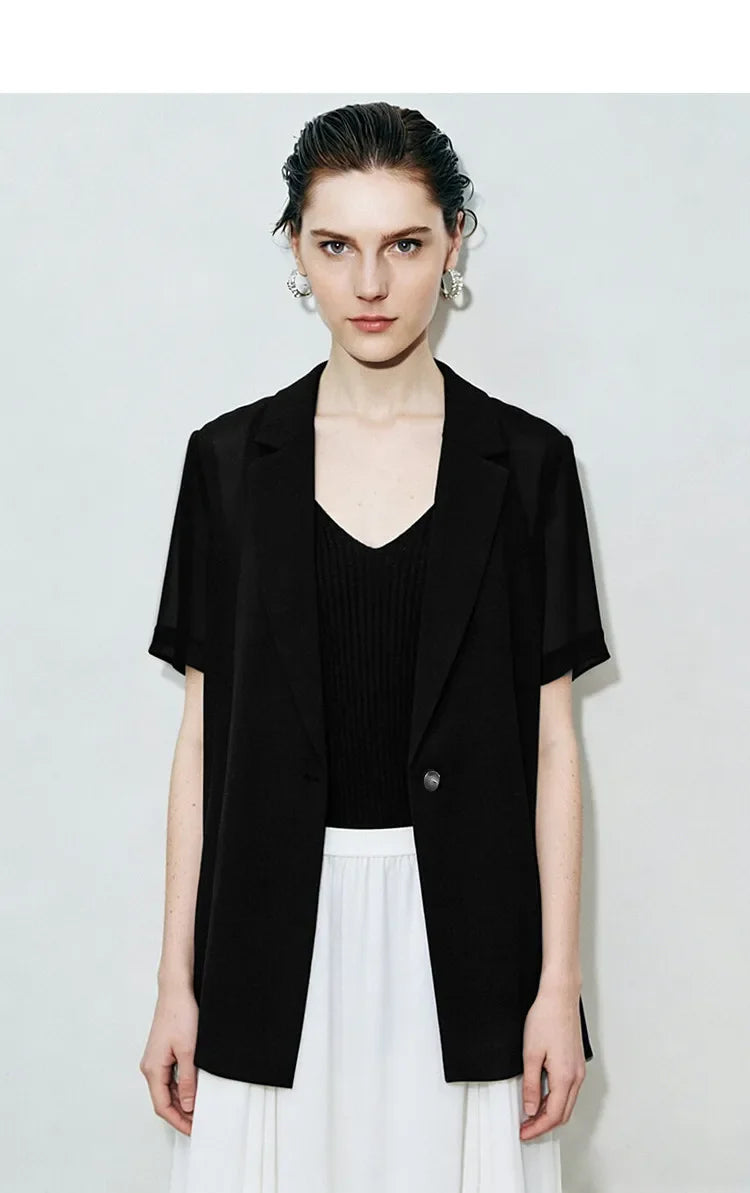 Women's Blazer 2026 Summer New Notched Lapel Chiffon Splicing Short Sleeve Jacket Women's Single Button Casual Top 12622126