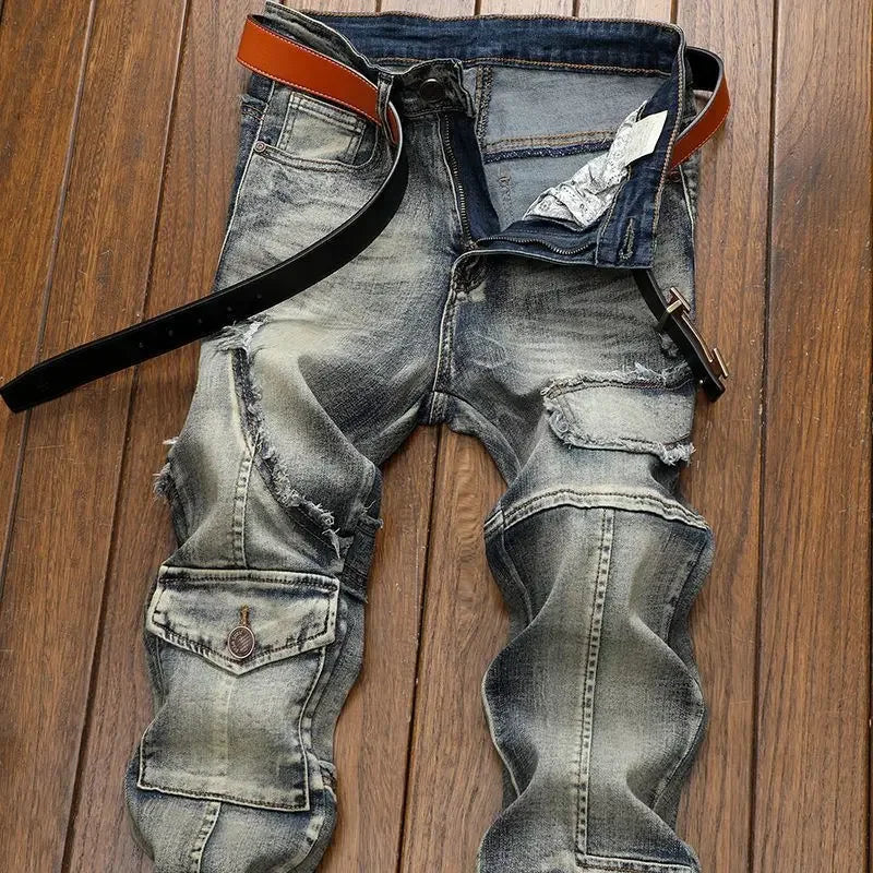High Quality Fashion Luxury Retro Men's Denim Jeans Korean Style Vintage Casual Punk Motorcycle Designer Riding Cargo Jeans