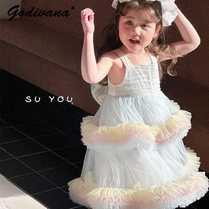 Sweet Baby Girls Elegant Rainbow Gradient Tutu Princess Cake Sundress Kids Tulle Ruffle Trim Puffy Birthday Party Casual Gown