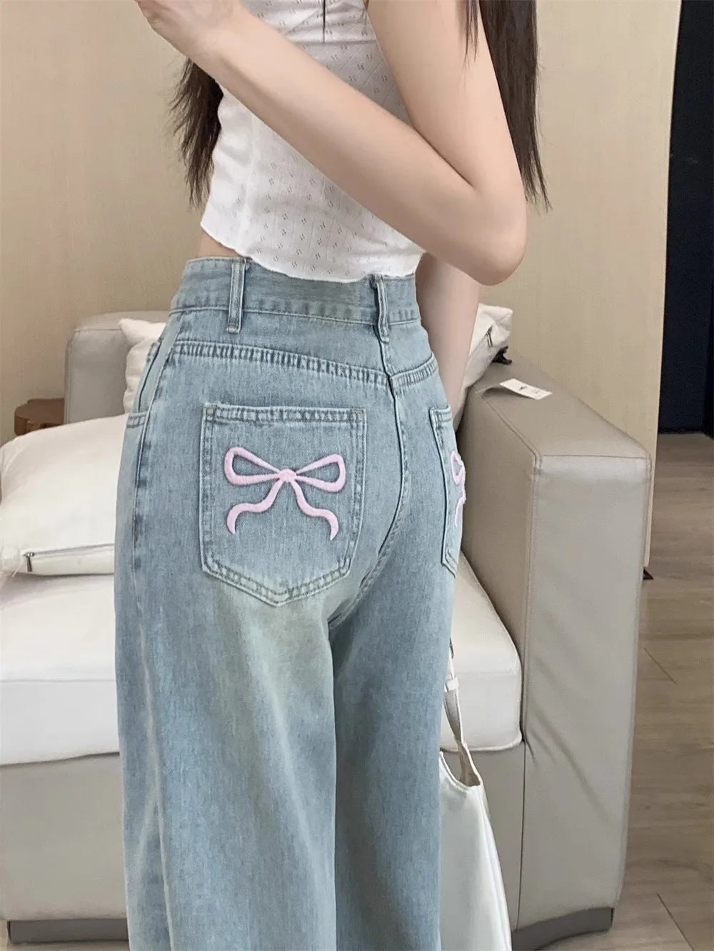 Women's Straight Leg Design Slimming Jeans Loose Fit Wide Leg Hong Kong Style Mm Design Sensibility