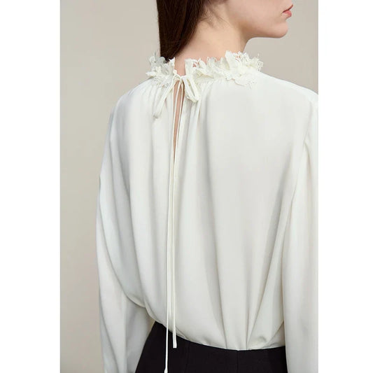 Women's Blouse 2026 Autumn New Elegant Commuter Lace Splicing Chiffon Shirt O-Neck Loose Pullover Tops For Woman 12621067