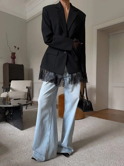 2026 New Women's Lace Splice Slim Fit Suit Jacket Korean Style Commute Design Sensation High Waist Waist-Cinching Outerwear