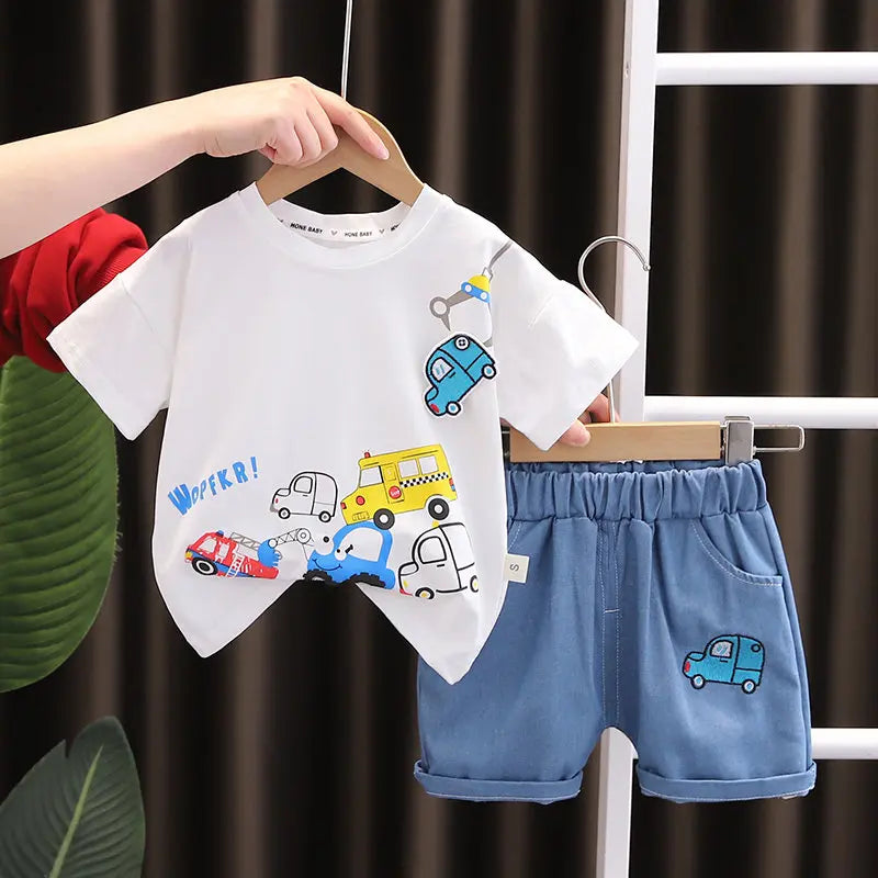 Summer Children's Boys Infant Cotton Clothes Set Cars T-Shirt Shorts 2-Piece Toddler Fashion Tracksuit for Babies Aged 1-5 Years