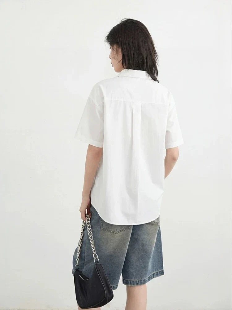 Fashion Women Shirt Short Sleeve Loose Casual Design Button Embroidered Placket Female Blouses Cotton Coat Summer 2026