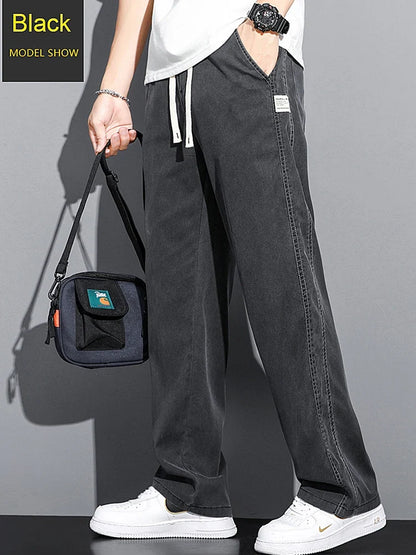Summer Soft Lyocell Fabric Men's Jeans Thin Loose Straight Pants Drawstring Elastic Waist Korea Casual Trousers Plus Size M-5XL