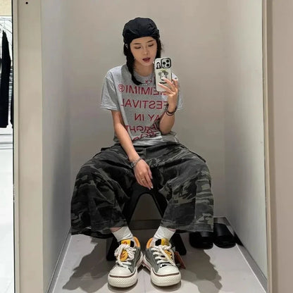 Y2K American Vibe Washed Camo Workwear Jeans Shorts Women's High Waist Straight Leg Slimming Wide Leg Mid-Length Pants