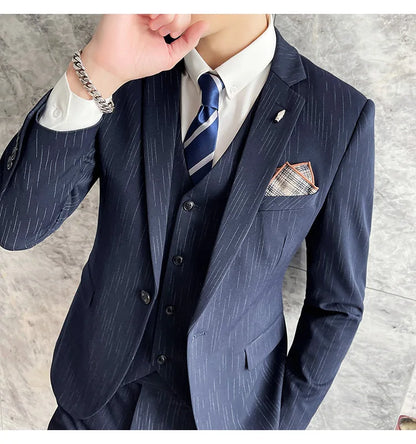 ( Blazer + Vest + Pants ) High-end Formal Casual Business Striped Fashion Men's 3 Piece Suit Groom Wedding Dress Suit